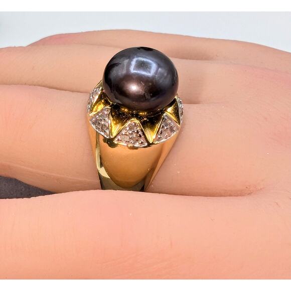 925 Sterling Gold Vermeil Purple Pearl & Diamond Accent Statement Ring Size 6.75 - Picture 3 of 6